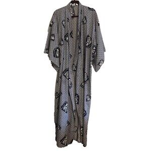 Japanese Kimono Men's L Blue White Robe 100% Cotton Calligraphy 58 Inch Open